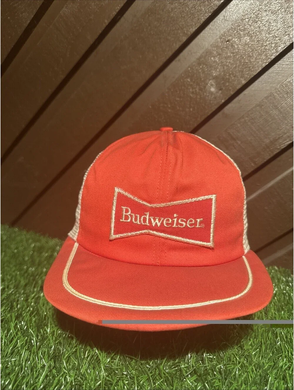 VTG Budweiser Trucker Hat Mesh Snapback Red Orange Bowtie Logo White Piping 80s
